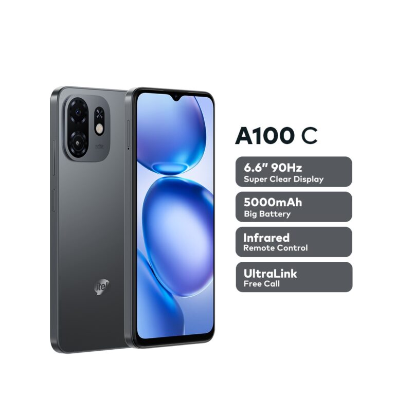 itel A100C Green smartphone with 64GB storage, 2GB RAM, 6.6-inch 90Hz display