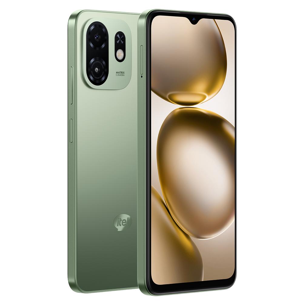 itel A100C Green smartphone with 64GB storage, 2GB RAM, 6.6-inch 90Hz display
